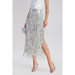 流苏亮片半身裙欧美纯色长裙开叉时尚一步裙Women sequined skirt
