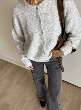 欧美百搭柔软针织开衫女复古贝扣灰色毛衣外套knitted cardigan