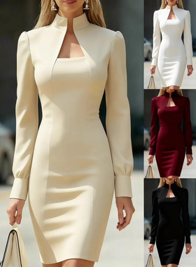 2026欧美新款春秋通勤宴会派对高领长袖修身显瘦连衣裙女装