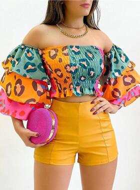 Printed set shorts 一字肩豹纹印花套装短裤