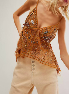 2025年欧美新款性感透视露背诱惑休闲遮肉潮流烫钻吊带小背心