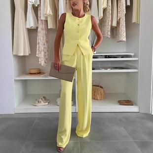 正装套装女装新款通勤领纽扣装饰马甲长裤高腰无袖套装pantsuit