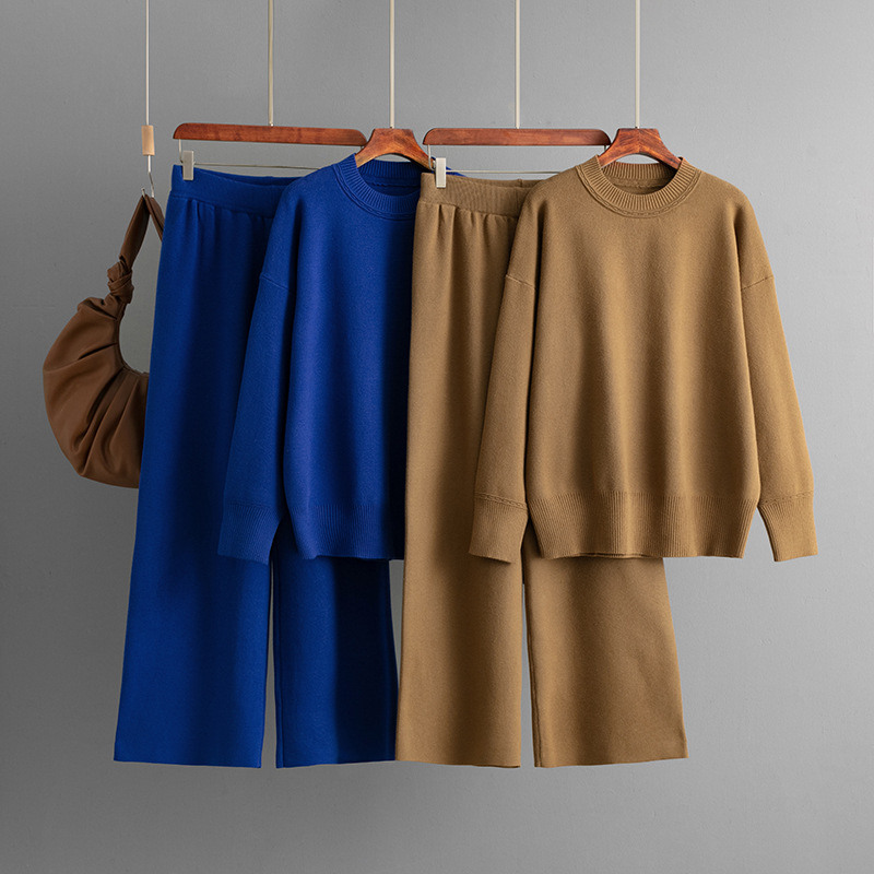 欧美女士针织毛衣休闲阔腿裤套装