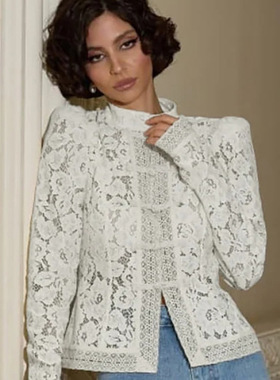 欧美新款小立领盘扣收腰蕾丝衬衫百搭时尚镂空透气上衣2025