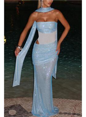 欧美女装连衣裙亮片飘带袖抹胸宴会礼服Sexy Party Evening Dress