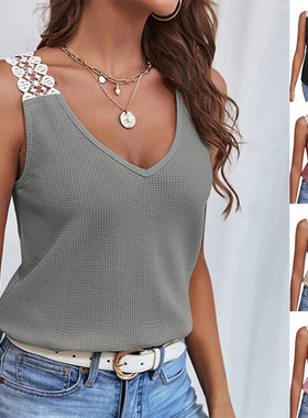 欧美新款女装纯色休闲花边拼接背心T恤上衣Casual vest T-shirt