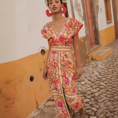 时尚领荷叶边开衩定位花露背连衣裙Women printed backless dress