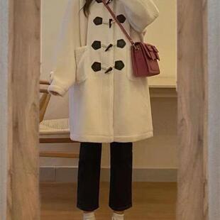 羊羔绒牛角扣外套女冬季韩版加绒大码宽松中长款大衣女小个子胖m