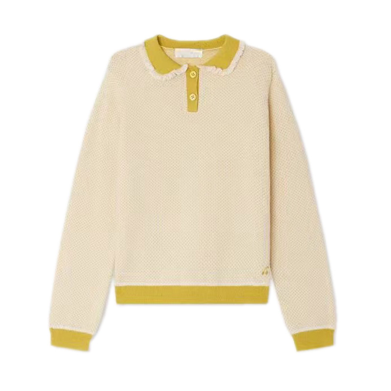 到160码 秋冬新款 法单女童撞色绵羊毛翻领花边长袖毛衣 童装