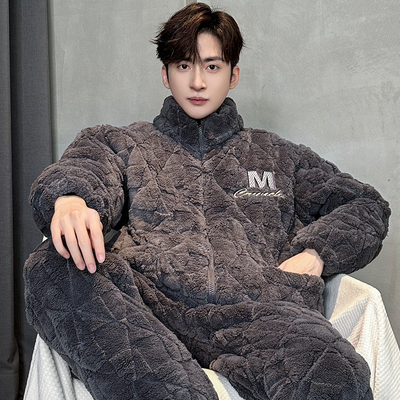 男生睡衣三层夹棉长袖长裤冬季加厚珊瑚绒可爱卡通保暖家居服套装