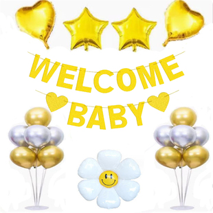 欢迎宝贝回家装饰气球welcome baby迎婴生日派对仪式氛围布置拉旗