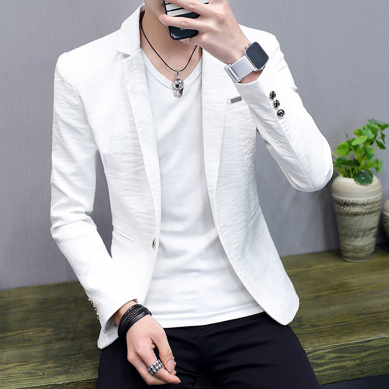 白色小西装男士修身棉麻韩式时尚2025新春男士帅气西装夹克