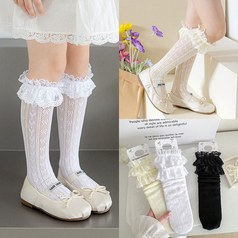夏天薄款花边公主袜大儿童洋气丝袜蕾丝蝴蝶结中长筒袜女童小腿袜
