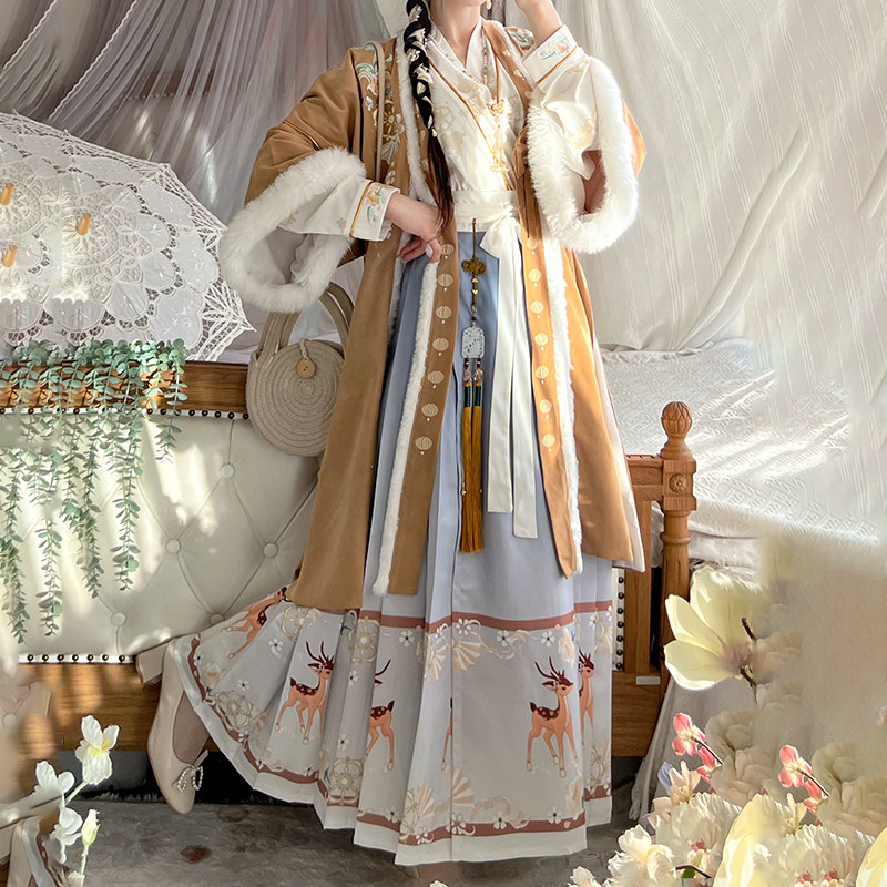 XIUDIAN 여성을위한 원래 HANFU [LU MING] 송나라에서 만든 한 스타일의 크로스 칼라 말얼굴 스커트 수 놓은 데일리 가을 스타일