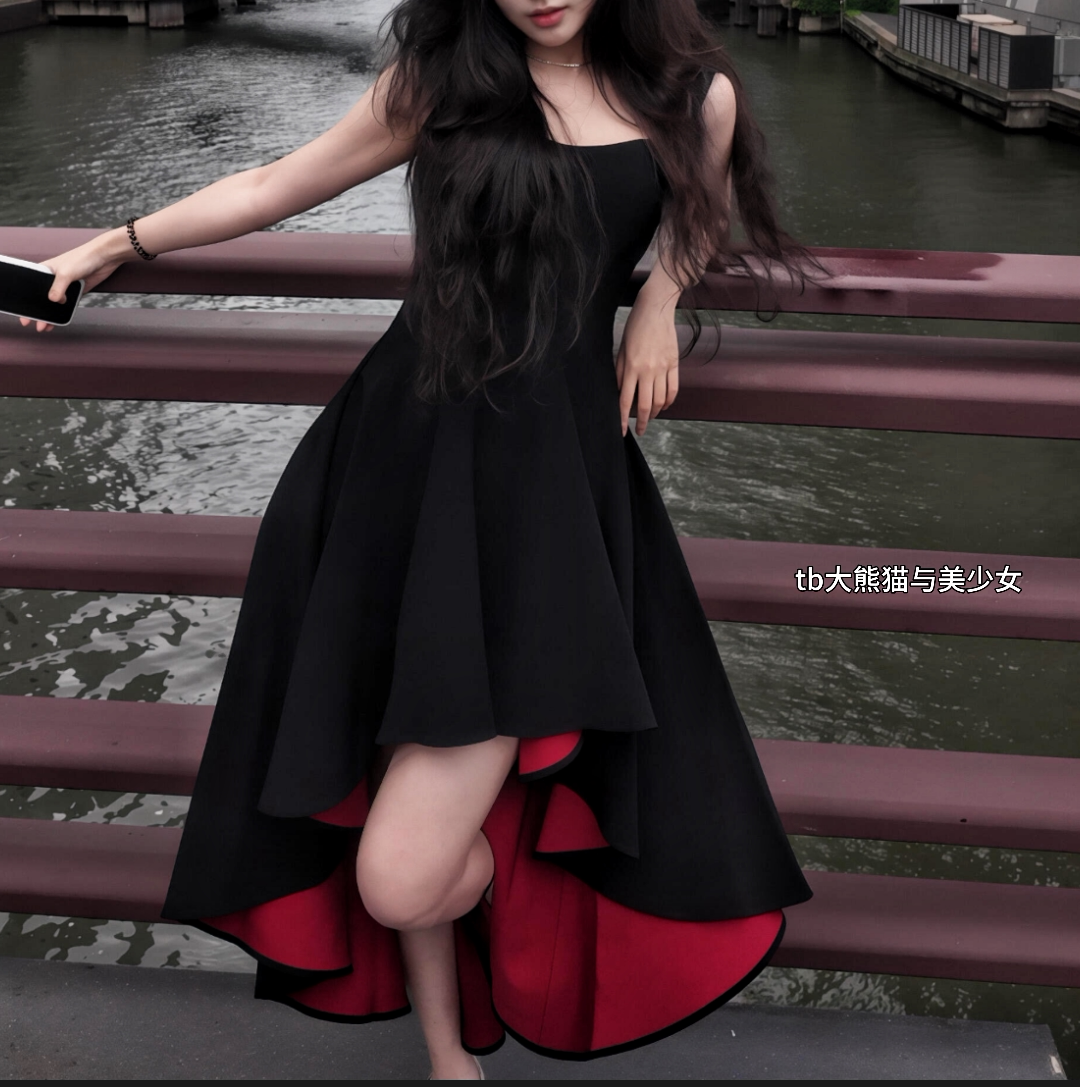 高级红底黑色前短后长连衣裙女挂脖方领燕尾不规则宴会礼服气质秋