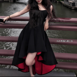 高级红底黑色前短后长连衣裙女挂脖方领燕尾不规则宴会礼服气质秋