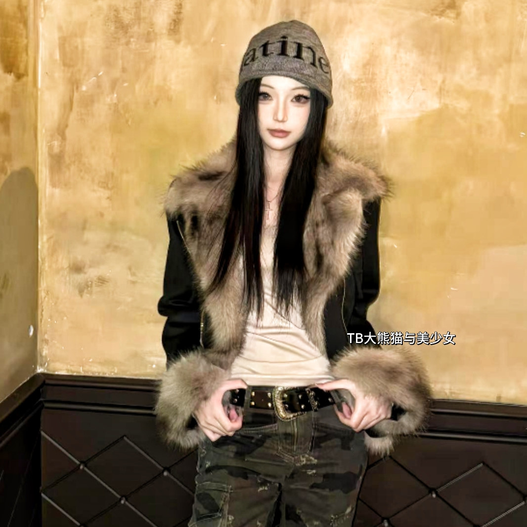 冬天来了！黑色皮草女机车夹克棉服高级感皮毛一体毛毛外套修身