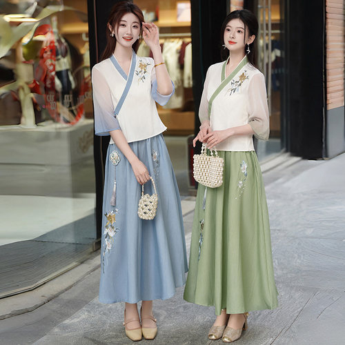 实拍民国风唐装盘扣复古汉服改良斜襟年轻旗袍中式上衣半身裙套装