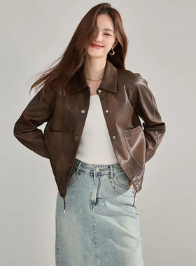25秋季新款pu皮衣翻领复古外套女流行短款抽绳港风夹克上衣18663