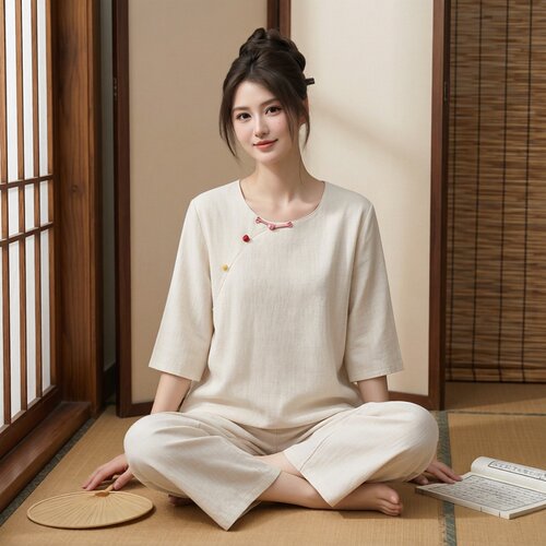 春夏棉麻彩扣国风女睡衣套装