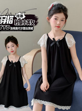 2025新款夏季女童黑色蕾丝连衣裙甜美公主风百搭裙子儿童夏装