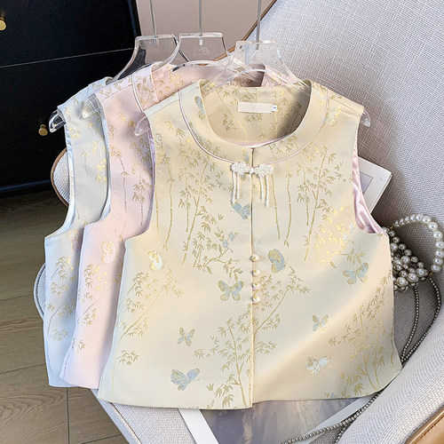 实拍新中式复古改良小圆领盘扣织金刺绣汉服古典开衫国风马甲上衣