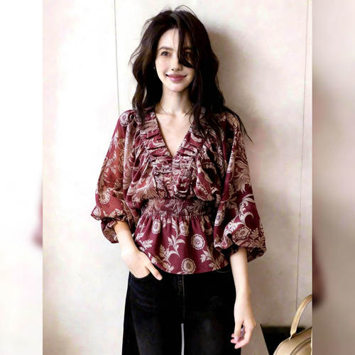 外贸专柜撤柜新款复古枣红色印花短衬衫宫廷风褶皱灯笼袖上衣女