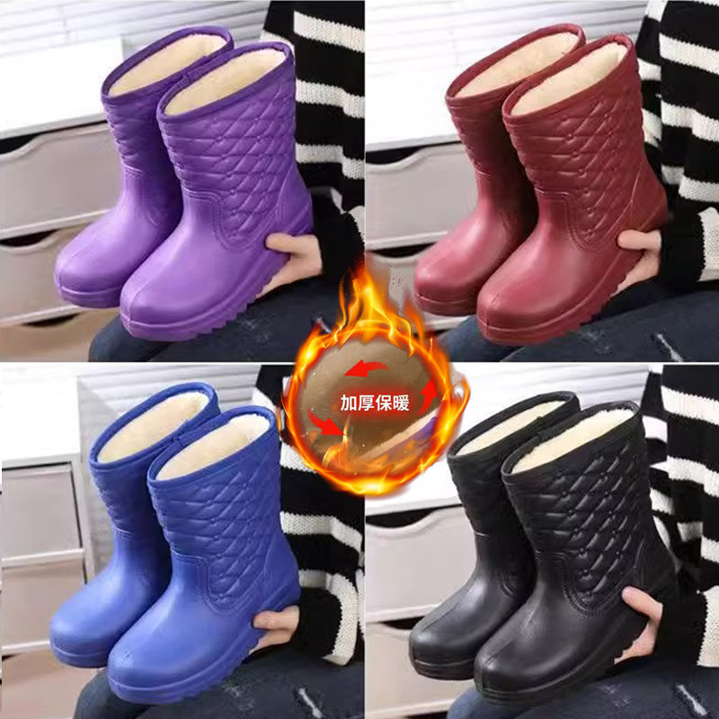 冬季加绒雨鞋女保暖中筒棉雨靴加厚套鞋防滑洗车水靴防水胶鞋水鞋