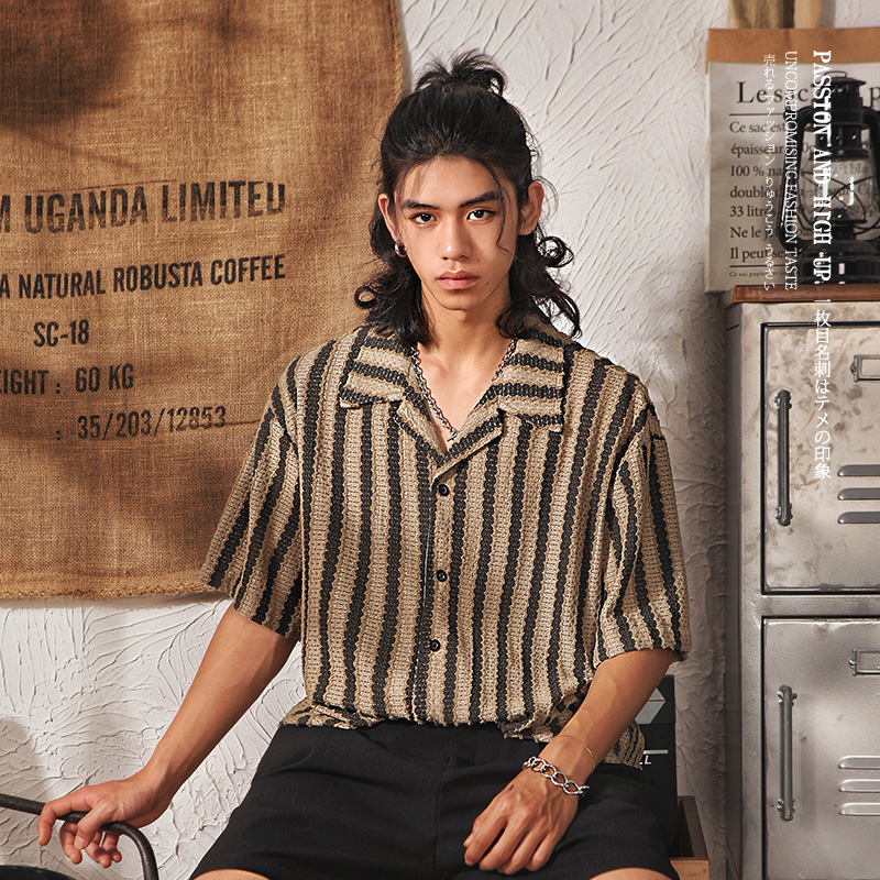 日系复古民族风镂空条纹短袖衬衫