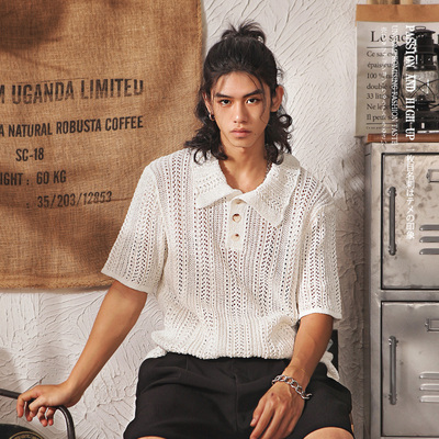 日系复古小众镂空针织短袖polo衫