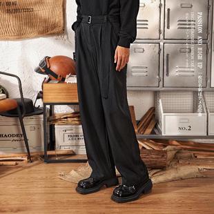 雅痞制噪日系复古轻熟男金属扣腰带宽松垂坠感便西阔腿休闲长裤 男