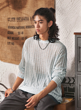 日系复古小众纯色长袖T恤男夏季薄款宽松休闲亚麻凉感防晒针织衫