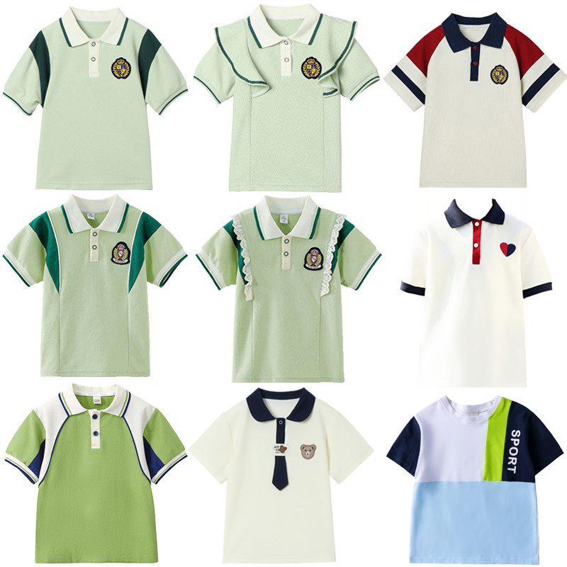 儿童校服夏季短袖T恤POLO衫男童女童小学生白色绿色园服班服