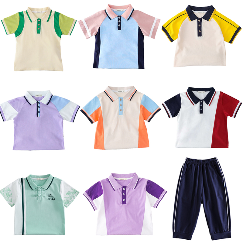 夏季英伦风校服T恤中裤套装男女童中小学生珠地棉透气短袖POLO衫