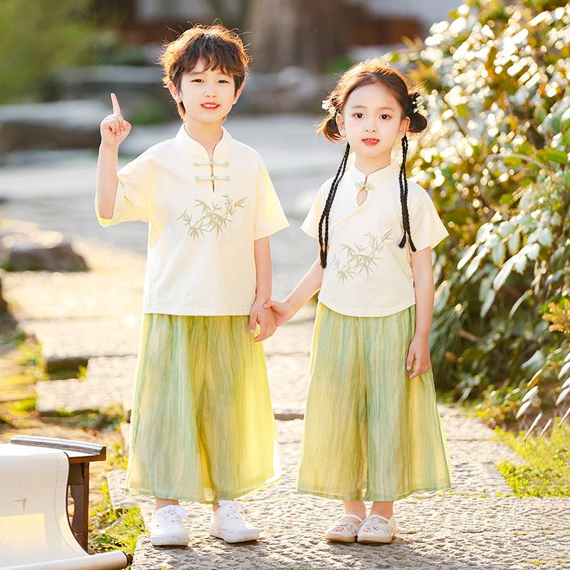 幼儿园国学汉服春夏季上春山表演服男女宝宝绿色唐装六一演出服装