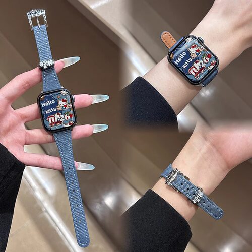 皮质牛仔适用苹果AppleWatch手表夏天iWatch表带女小米9pro红米45