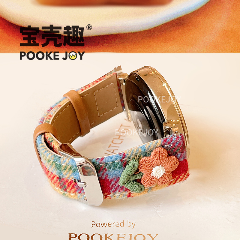 适用华为手表gt6彩虹格纹毛呢真皮表带5pro气质高级watch4女fit43