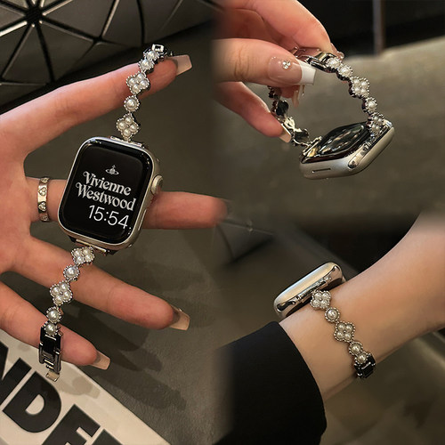 珍珠金属手镯iwatch10表带适用苹果67手表小米98pro红米华为fit43