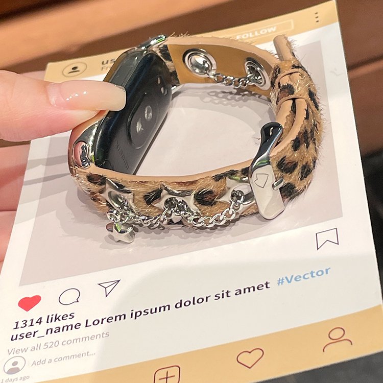 豹纹星星适用小米手环10表带秋冬链条87高级皮质9pro女华为fit432