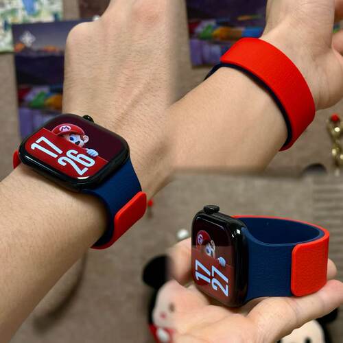 拼色荔枝纹硅胶超强磁吸iWatch11表带适用苹果s10手表s9s8s7女se3