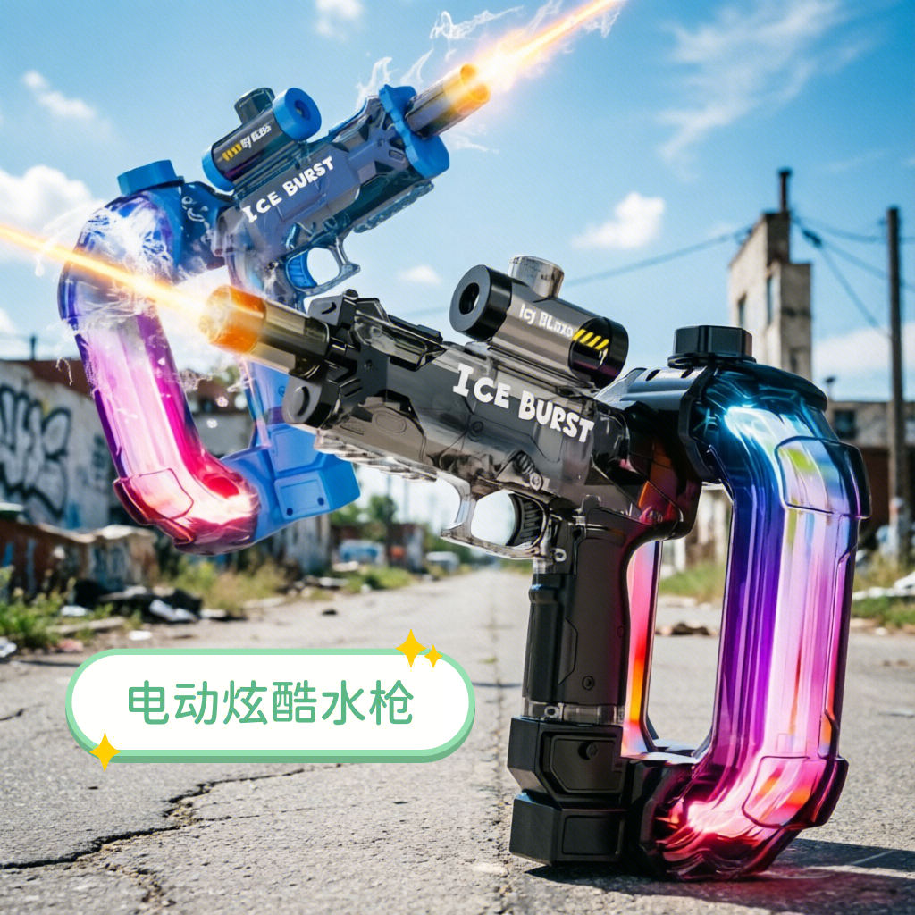 新款电动连发水枪冰爆聚能环男孩大容量七彩灯光打水仗儿童玩具