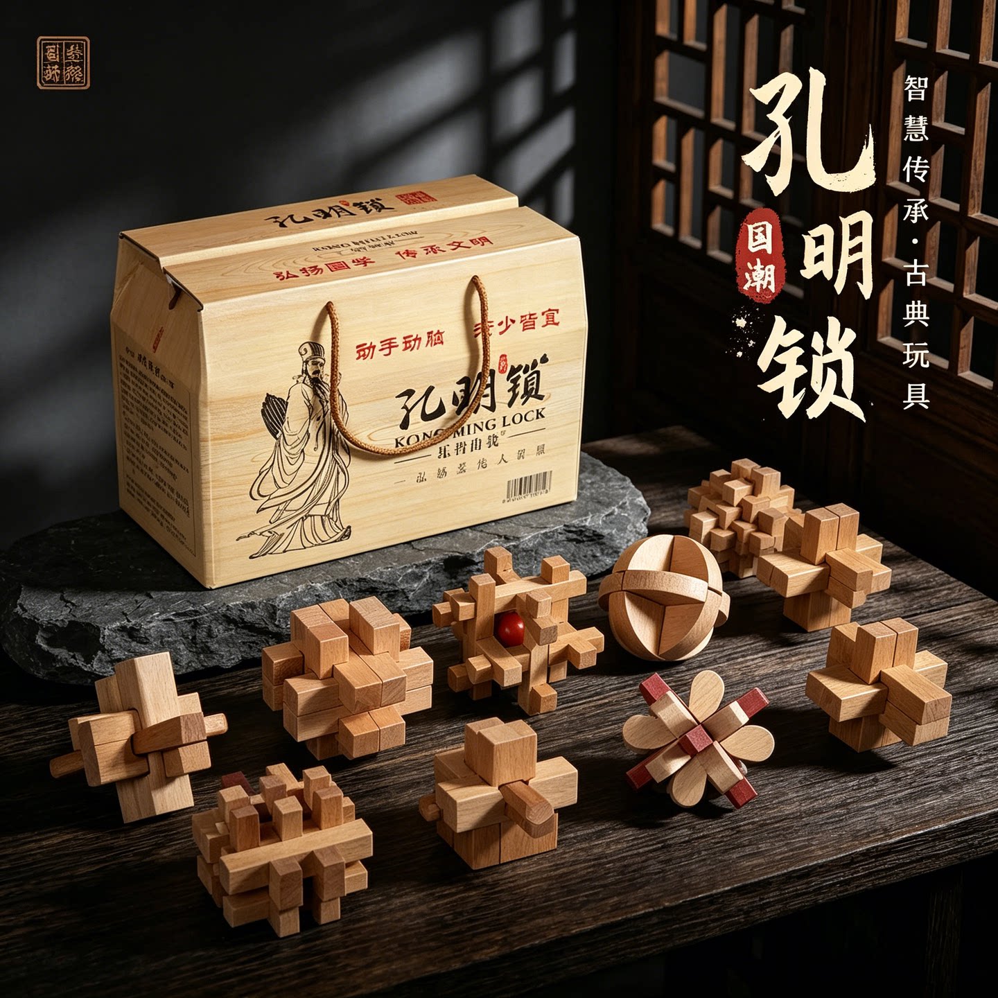 全套鲁班锁孔明锁智力解环解扣榫卯拼装积木小学生动脑益智玩具