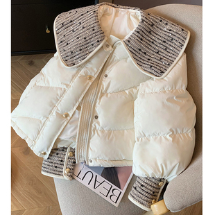 白色编织大翻领棉服女2025冬季新款重工时尚保暖棉袄短款外套棉衣