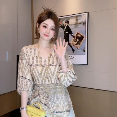 2025年新款雪纺法式小资上衣灯笼袖时尚印花衬衫女高级感轻奢减龄