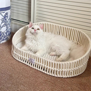 猫床波西米亚手工编织猫窝麻绳可磨爪子狗窝狗垫子半封闭宠物用品