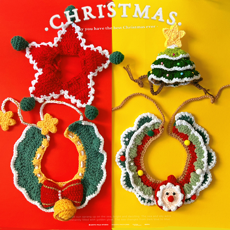 新款宠物圣诞围巾手工针织猫项圈