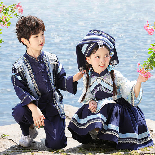 广西三月三新款壮族儿童少数民族演出服男女童舞蹈洛丽塔裙合唱服