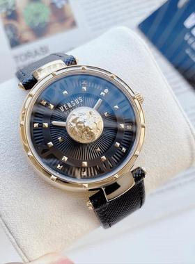 Versus Versace Moscova 黑金手表女浮雕狮头黑色小牛皮欧美腕表