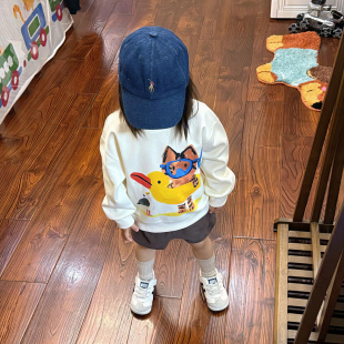 女童卫衣加绒加厚保暖秋装儿童米色卡通涂鸦长袖男宝宝上衣冬款潮