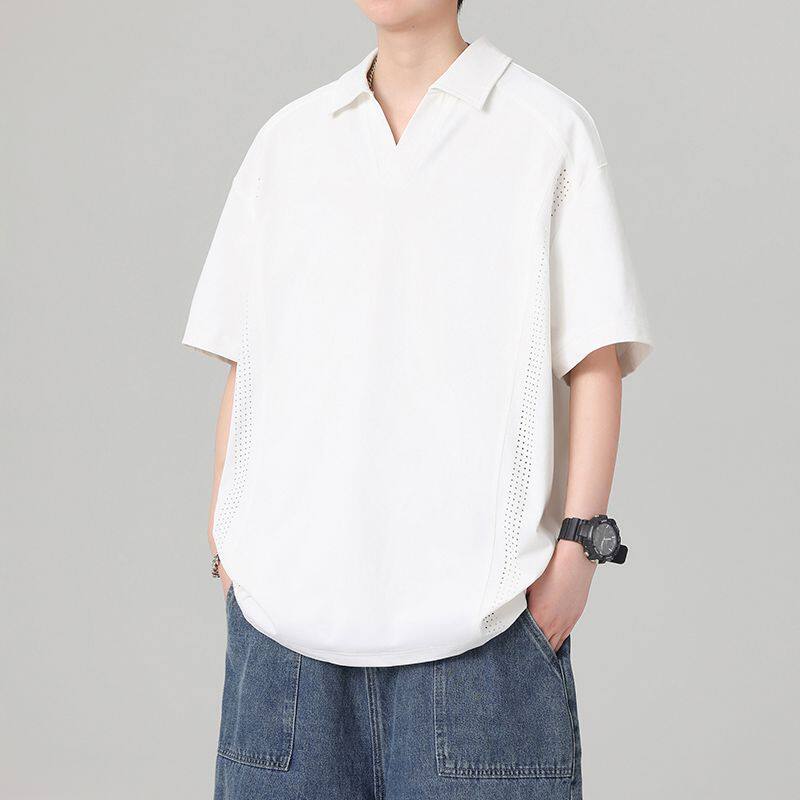 领解构短袖polo衫男款夏季重磅正肩翻领t恤宽松百搭网眼半袖